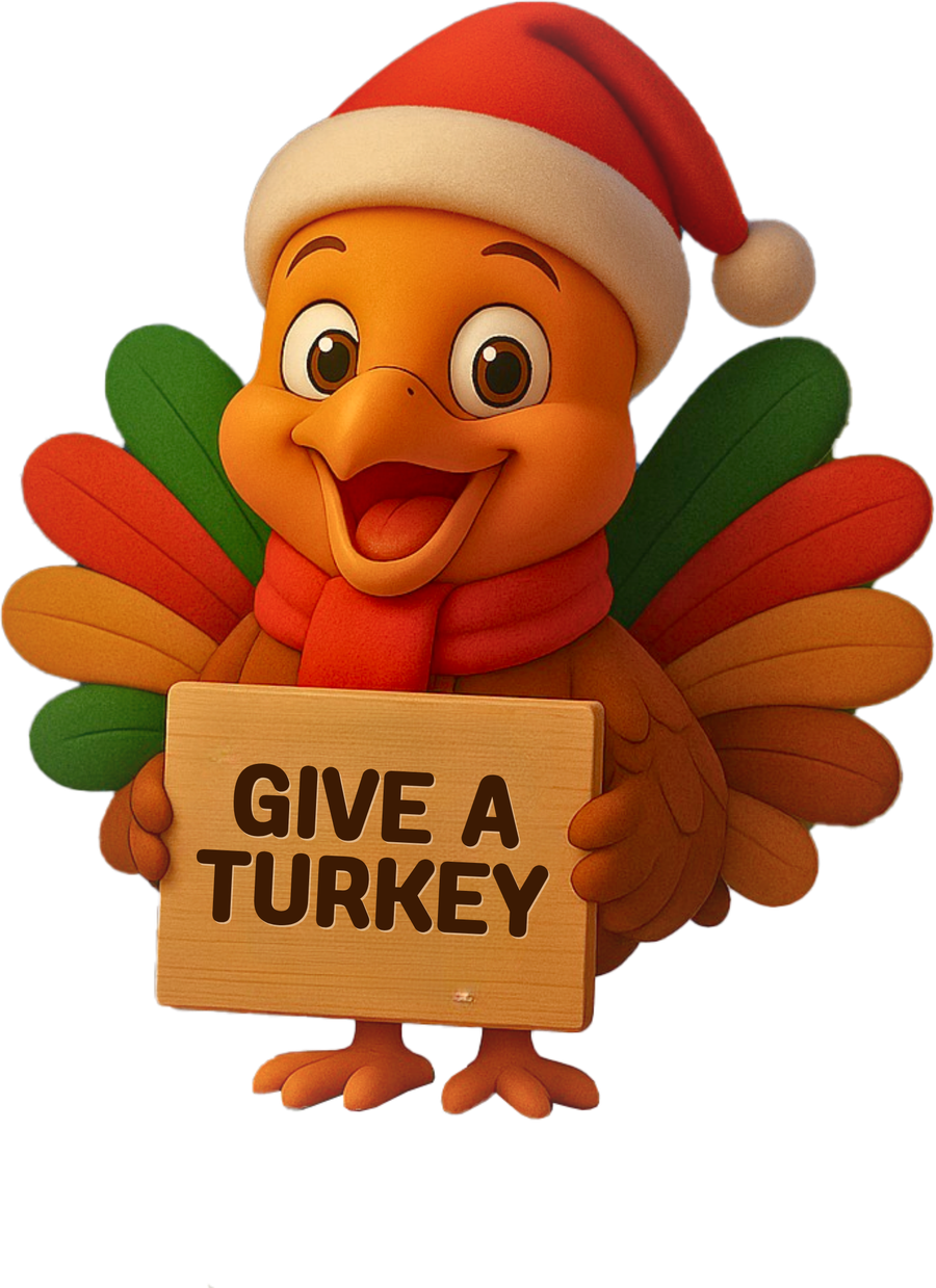 Joy the turkey mascot in a Santa hat