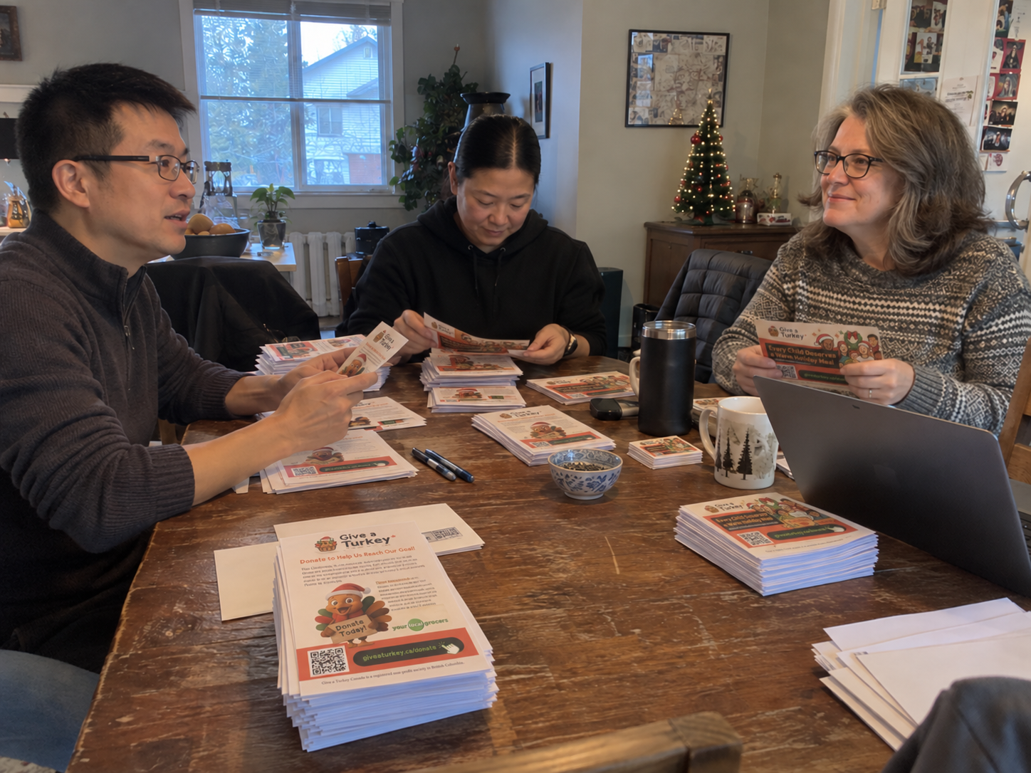 Volunteers sorting flyers at a table